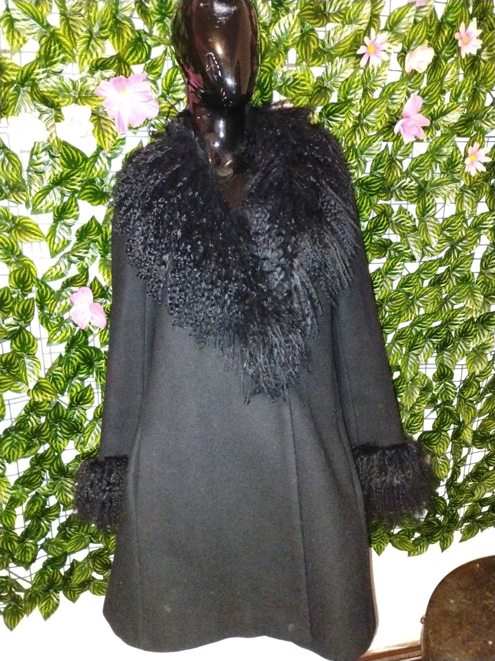 Black Lamb-Fur Trim Wool-Blend Pea Coat